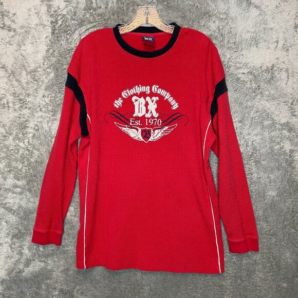 BX Men Y2K 90s Logo Waffle Knit Long Sleeve Crew Neck Thermal Shirt XL Red - Picture 1 of 12